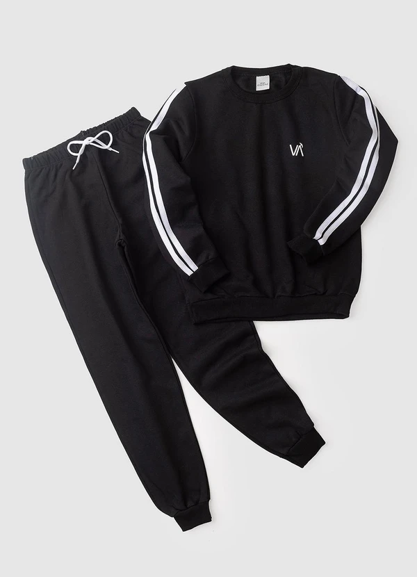 Vida Costeira - Conjunto Moletom Infantil Detalhe Faixas Preto 5