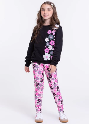 Vida Costeira - Conjunto Moletom Infantil Florzinhas Preto - VIDA COSTEIRA