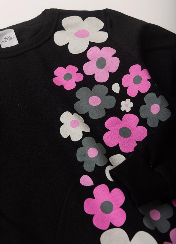Vida Costeira - Conjunto Moletom Infantil Florzinhas Preto 3