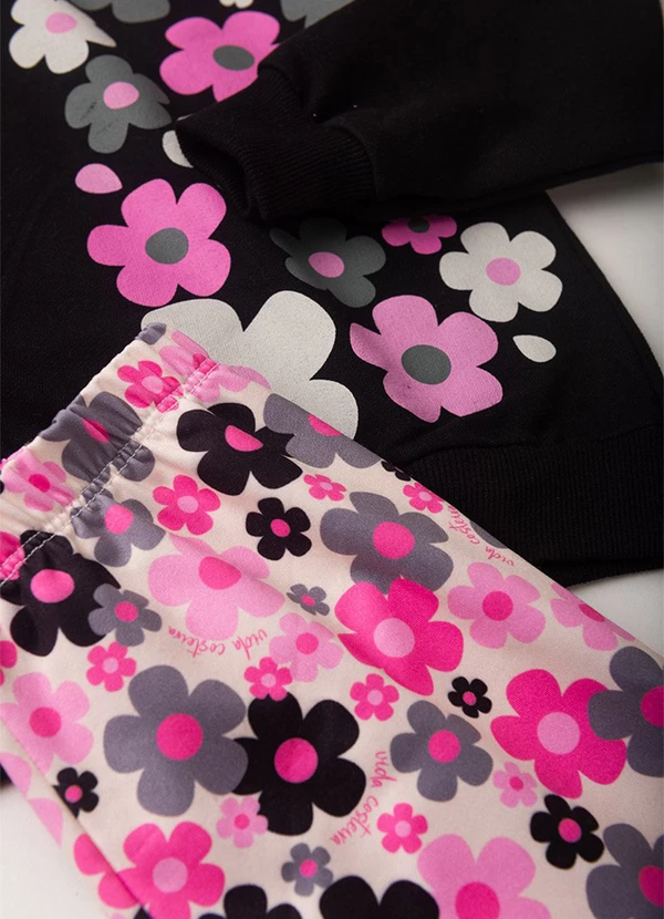 Vida Costeira - Conjunto Moletom Infantil Florzinhas Preto 4