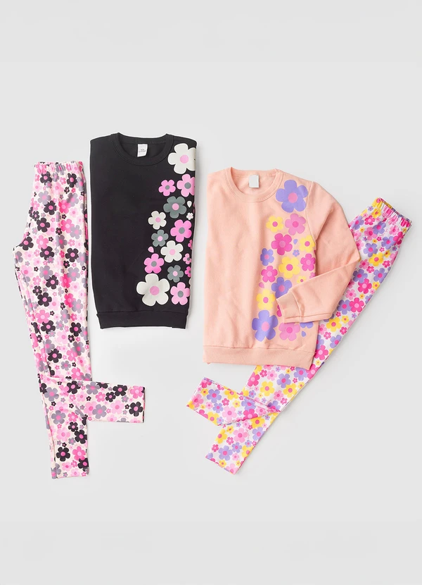Vida Costeira - Conjunto Moletom Infantil Florzinhas Preto 5