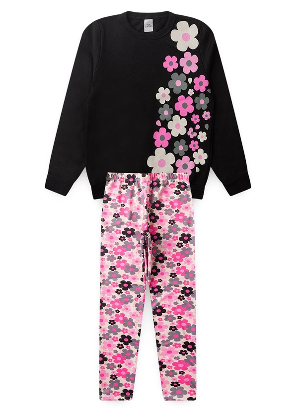 Vida Costeira - Conjunto Moletom Infantil Florzinhas Preto 6