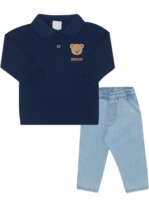 Pulla Bulla - Conjunto Piquet com Elastano e Jeans Moletom Azul - PULLA BULLA