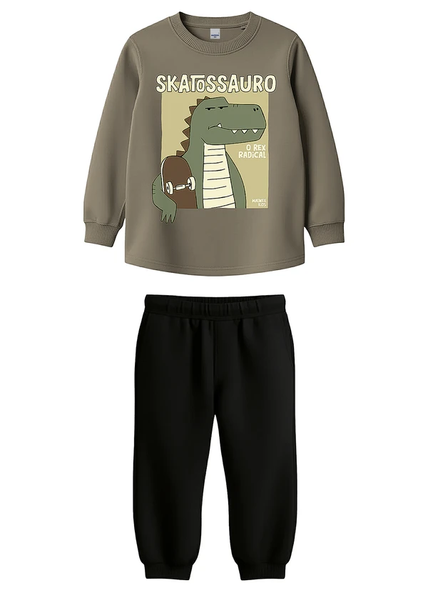 Malwee Kids - Conjunto Skatossauros em Moletom Marrom