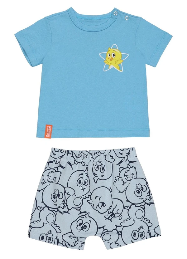 Galinha Pintadinha - Blusa em Meia Malha Shorts em Moletinho Azul