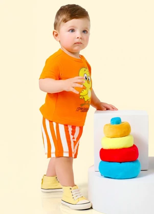 Galinha Pintadinha - Blusa em Meia Malha Shorts em Moletinho Laranja - GALINHA PINTADINHA