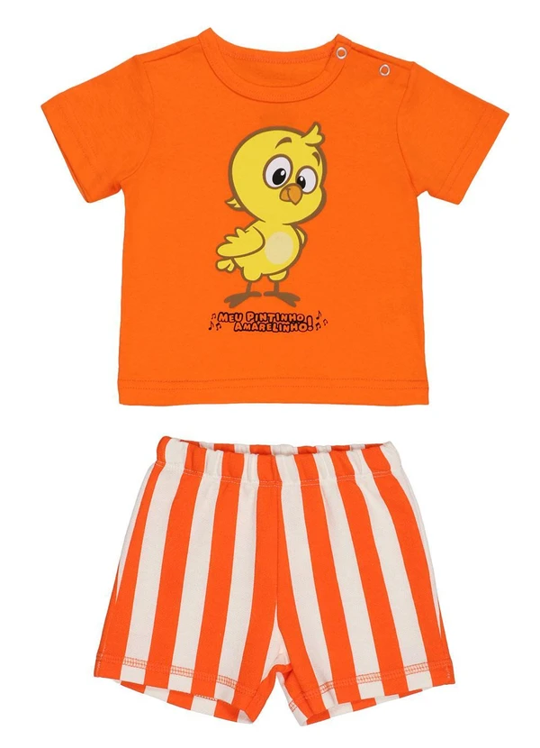 Galinha Pintadinha - Blusa em Meia Malha Shorts em Moletinho Laranja