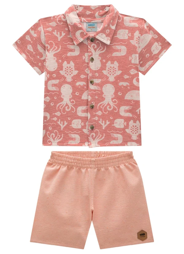 Marlan - Conjunto Bebê Camisa e Bermuda Sarja Laranja