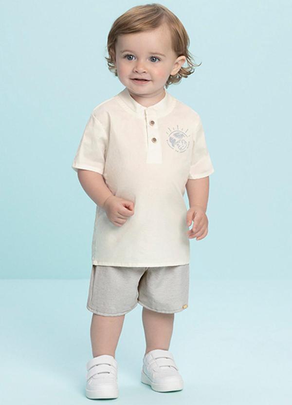 Ioluig - Conjunto Bebê Camisa e Bermuda Tecido Linho Bege