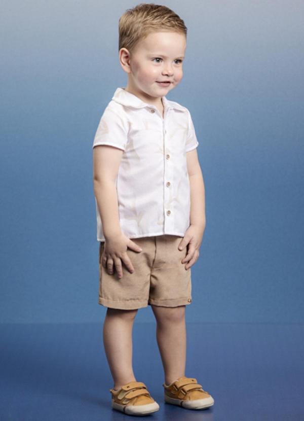 Ioluig - Conjunto Bebê Camisa Tecido e Bermuda Sarja Bege