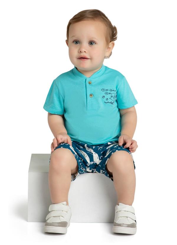 Marlan - Conjunto Bebê Camiseta e Bermuda Moletinho Azul