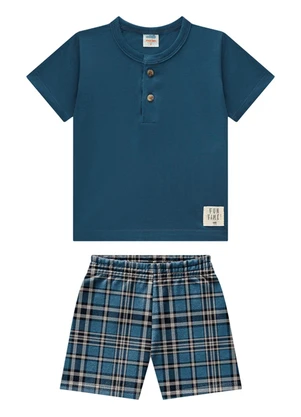 Marlan - Conjunto Bebê Camiseta e Bermuda Moletinho Azul - MARLAN