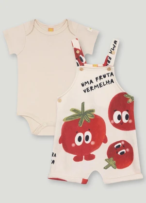 Conjunto Bebê com Body e Jardineira Três e Já Bege - TRÊS E JÁ
