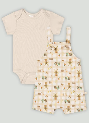 Up Baby - Conjunto Bebê com Body e Jardineira  Bege - UP BABY