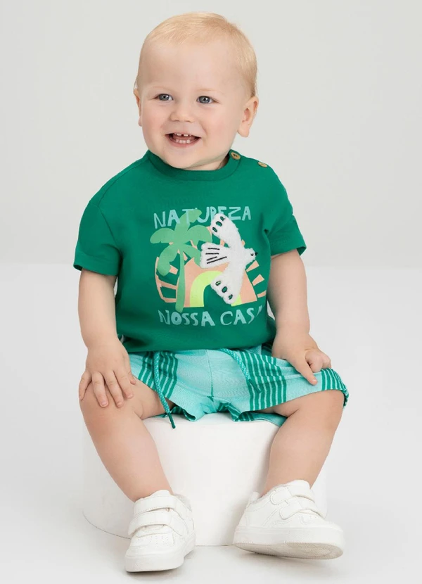 Três e Já - Conjunto Bebê com Camiseta e Short Três e Já Verde