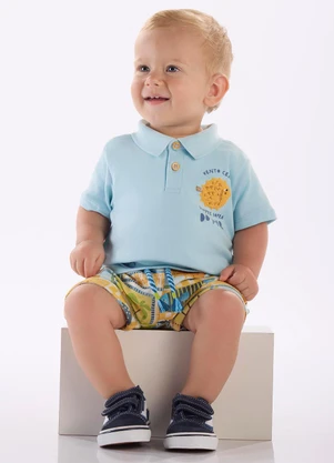 Três e Já - Conjunto Bebê com Polo e Short Azul - TRÊS E JÁ