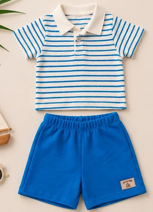 Vida Costeira - Conjunto Bebê Menino Camiseta Polo Tricot Listrada - VIDA COSTEIRA