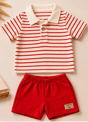 Vida Costeira - Conjunto Bebê Menino Camiseta Tricot Listrada - VIDA COSTEIRA