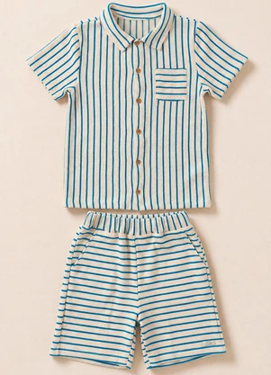 Vida Costeira - Conjunto Bebê Menino Verão Tricot Listrado Azul - VIDA COSTEIRA