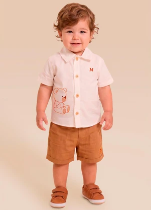 Mundi - Conjunto Bebê Tricoline Urso Bordado Bege - MUNDI