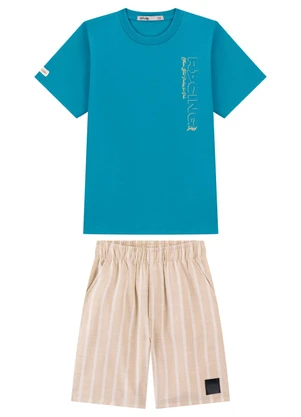 Ioluig - Conjunto Bermuda Listrada e Camiseta Azul - IOLUIG