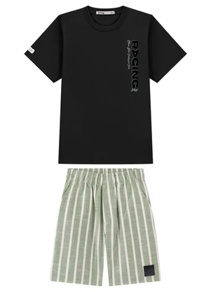 Ioluig - Conjunto Bermuda Listrada e Camiseta Preto - IOLUIG