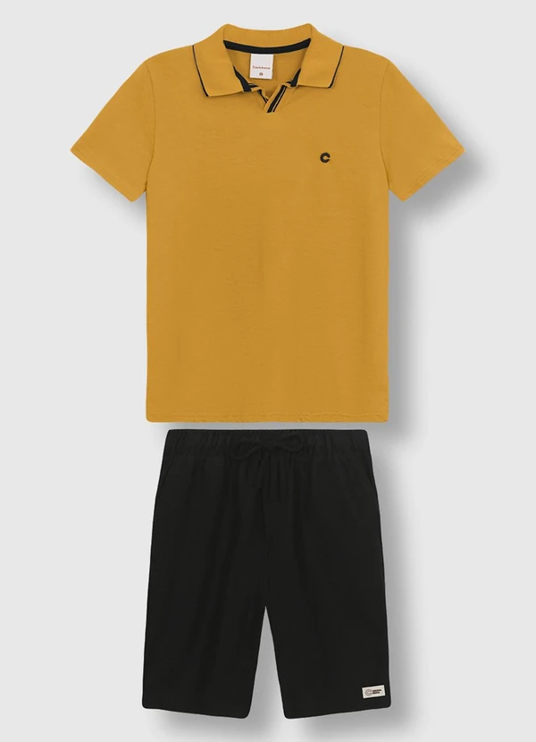 Carinhoso - Conjunto Bordado em Malha Texturizada Amarelo
