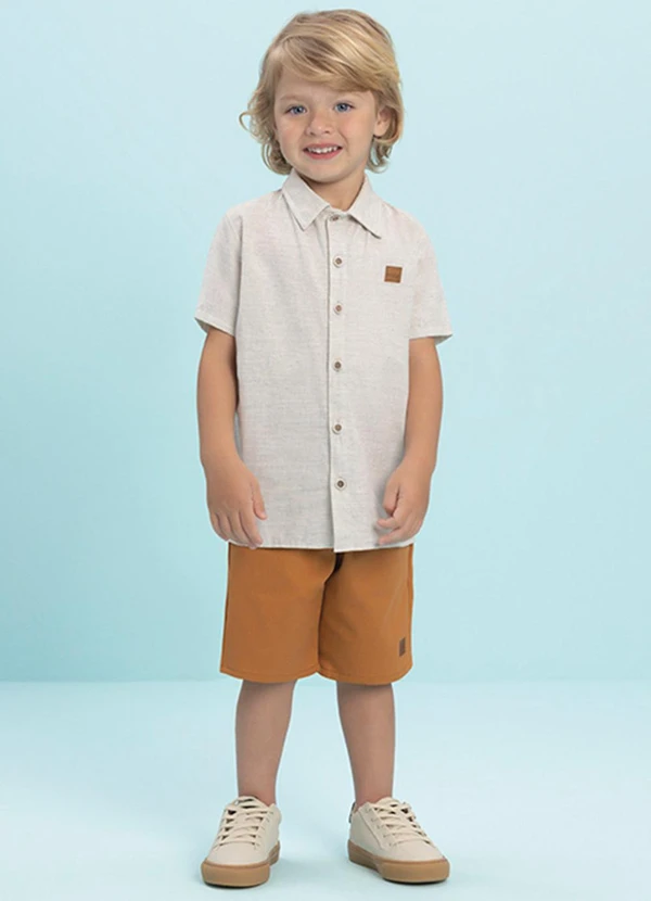 Ioluig - Conjunto Camisa e Bermuda Sarja Elastano Bege