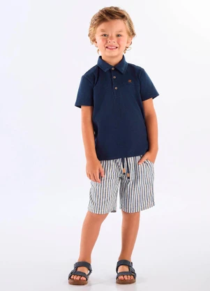 Up Baby - Conjunto Camisa Polo Bermuda Listrada Azul - UP BABY