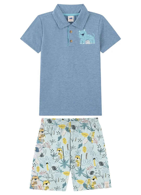 Marlan - Conjunto Camisa Polo e Bermuda Estampada Azul
