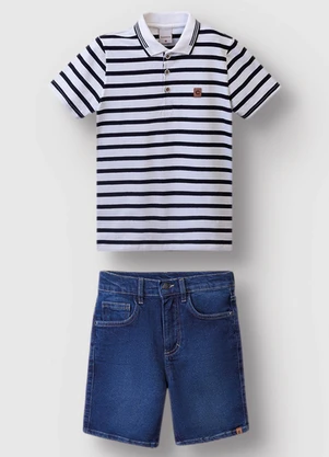 Carinhoso - Conjunto Camisa Polo Listrada Menino Preto  - CARINHOSO