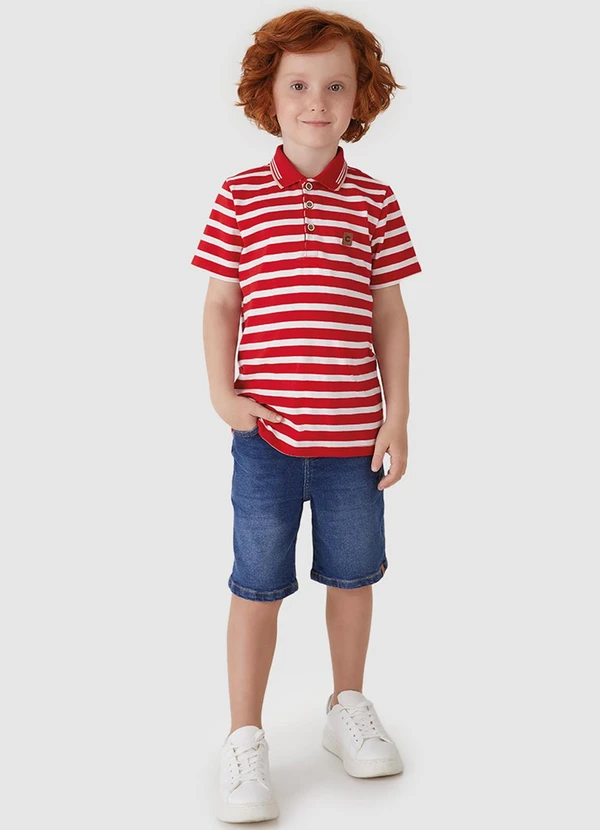 Carinhoso - Conjunto Camisa Polo Listrada Menino Vermelho