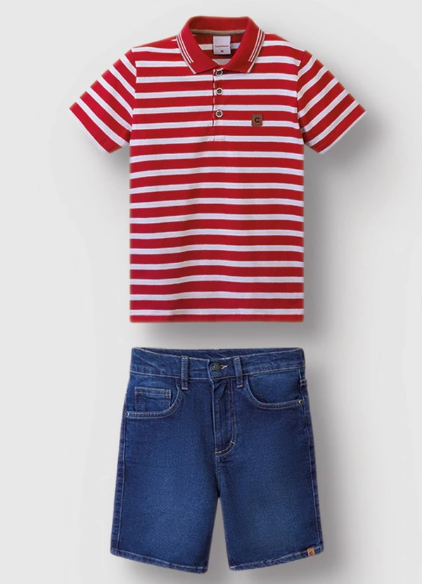 Carinhoso - Conjunto Camisa Polo Listrada Menino Vermelho 4