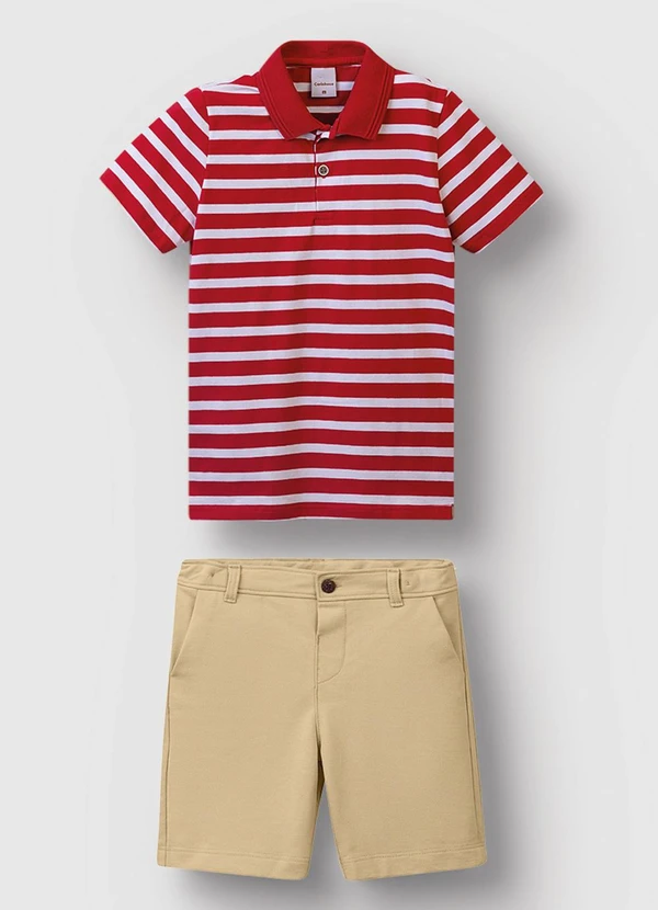 Carinhoso - Conjunto Camisa Polo Listrada Vermelho