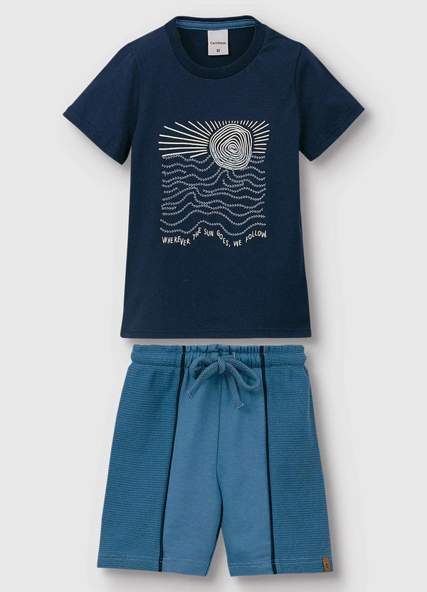 Carinhoso - Conjunto Camiseta & Bermuda em Moletinho Azul Mar