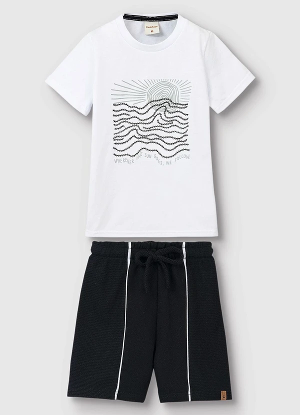 Carinhoso - Conjunto Camiseta & Bermuda em Moletinho Branco