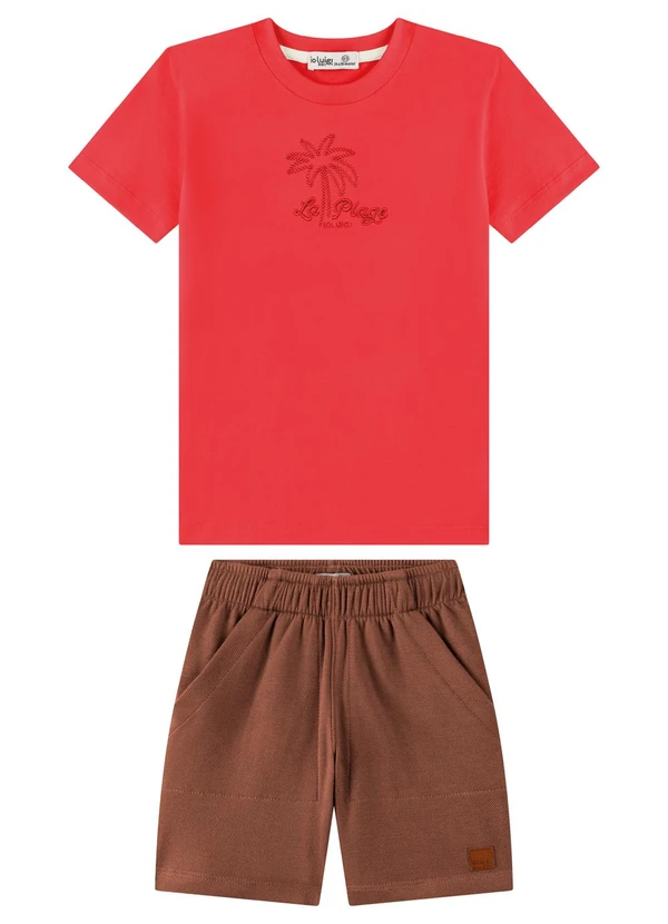Ioluig - Conjunto Camiseta Bordada e Bermuda Vermelho