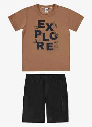 Rovi Kids - Conjunto Camiseta com Bermuda Infantil Marrom - ROVI KIDS