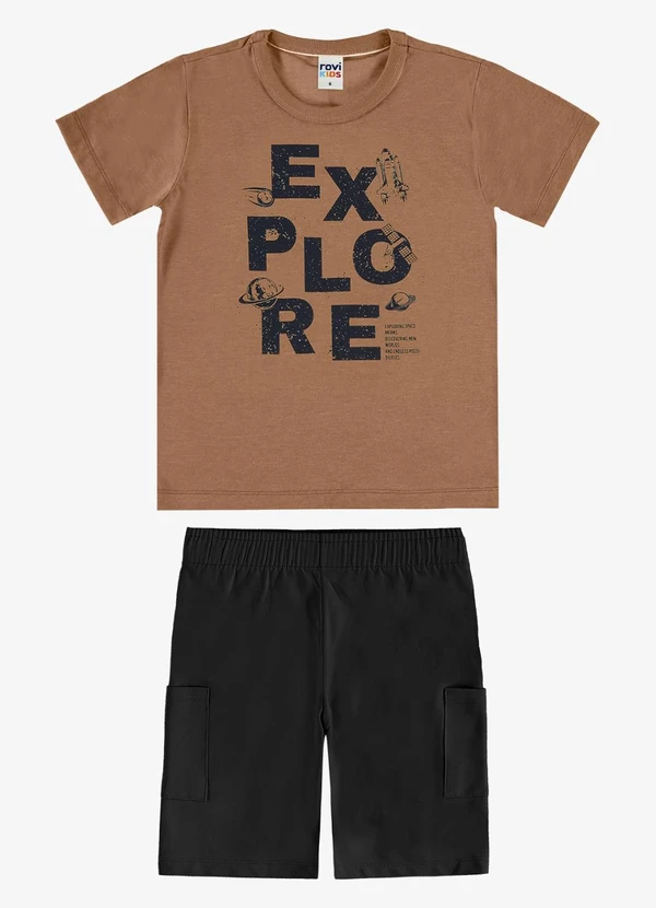Rovi Kids - Conjunto Camiseta com Bermuda Infantil Marrom