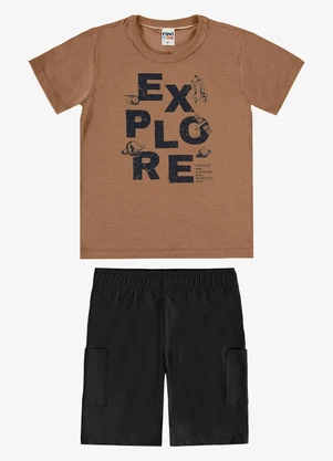 Rovi Kids - Conjunto Camiseta com Bermuda Infantil Marrom - ROVI KIDS