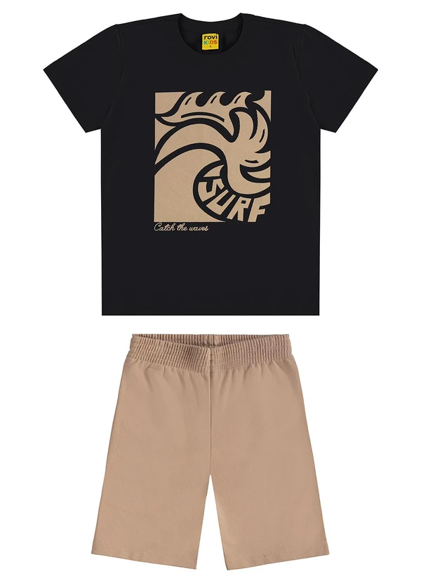 Rovi Kids - Conjunto Camiseta com Bermuda Meia Malha Preto