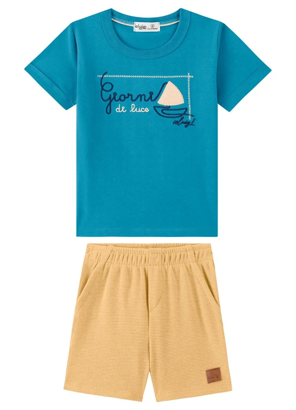 Ioluig - Conjunto Camiseta e Bermuda Bebê Bordado Azul