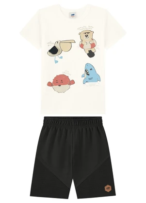 Marlan - Conjunto Camiseta e Bermuda com Aplique Bege - MARLAN