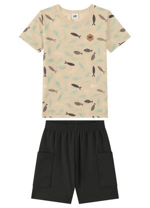 Marlan - Conjunto Camiseta e Bermuda Menino Estampa Bege - MARLAN