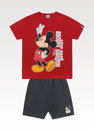 Fakini Kids - Conjunto Camiseta e Bermuda Mickey Vermelho - FAKINI KIDS