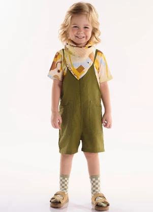 Três e Já - Conjunto Camiseta e Jardineira Bege - TRÊS E JÁ