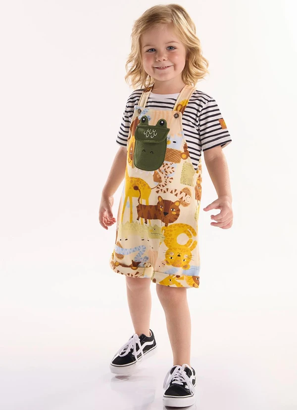 Três e Já - Conjunto Camiseta e Jardineira Branco