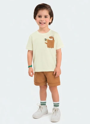 Ddk - Conjunto Camiseta Estampa Dino e Bermuda Bege - DDK