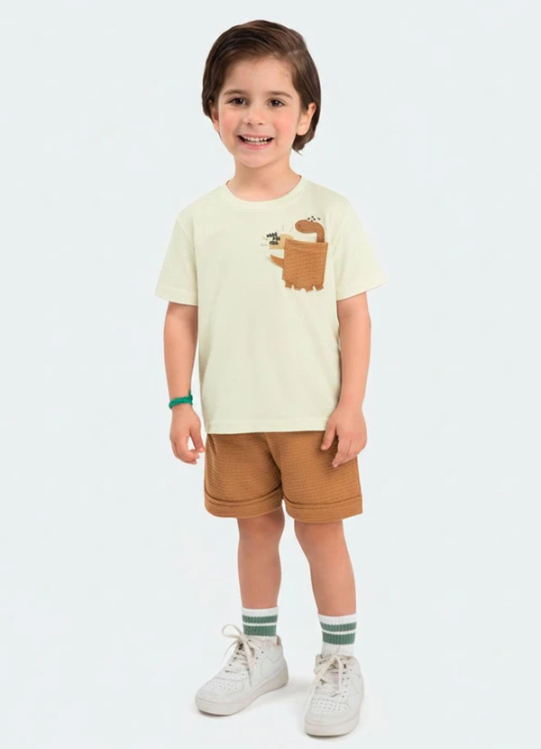 Ddk - Conjunto Camiseta Estampa Dino e Bermuda Bege
