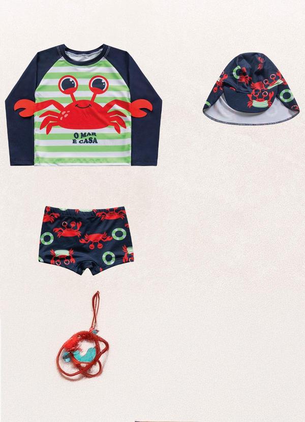 Fakini Kids - Conjunto Camiseta M/Longa/Sunga/Chapéu Azul